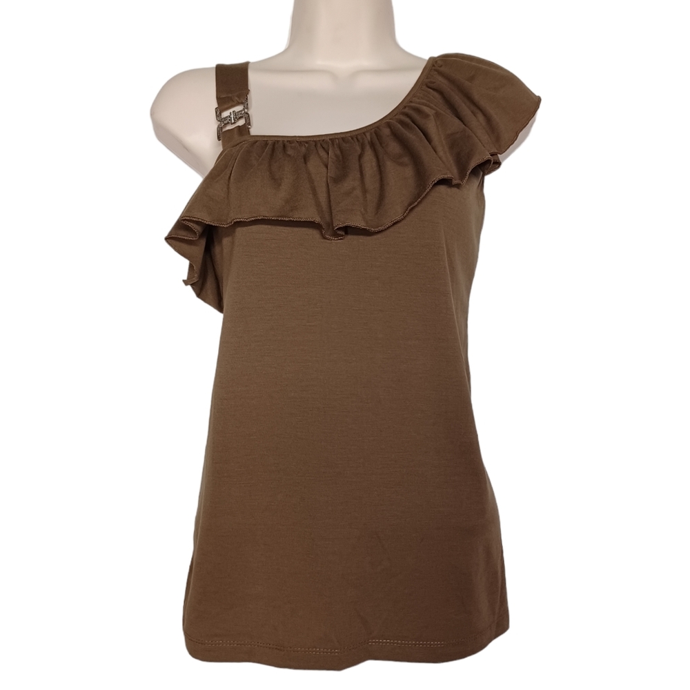 TAKONI Brown Ruffle Silver Colored Buckle Top Large NWT
